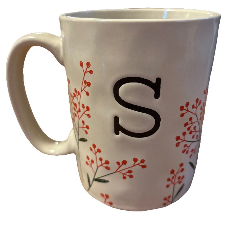Unbranded Porcelain Coffee Cup Mug Monogram “S” Red Flower Pods